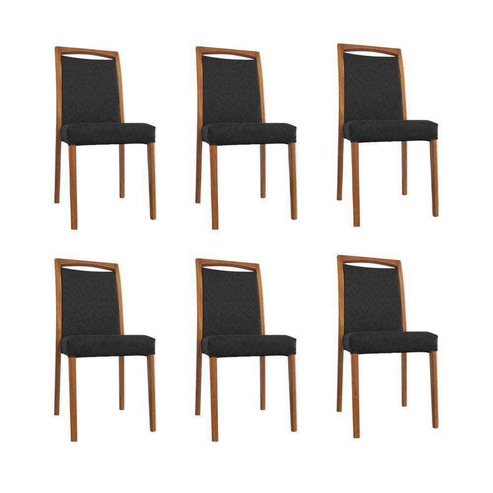 Kit 6 Cadeiras De Jantar Luxo Estofadas Jade Couro Pu Preto Base Madeira Maciça Mel