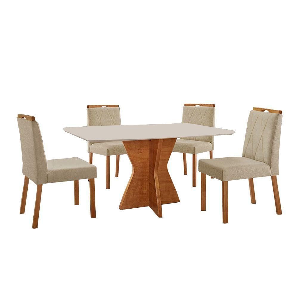 Conjunto Sala De Jantar Mesa Madri 140x80cm Tampo Retângular Vidro Off White Com 4 Cadeiras Bela Linho Bege