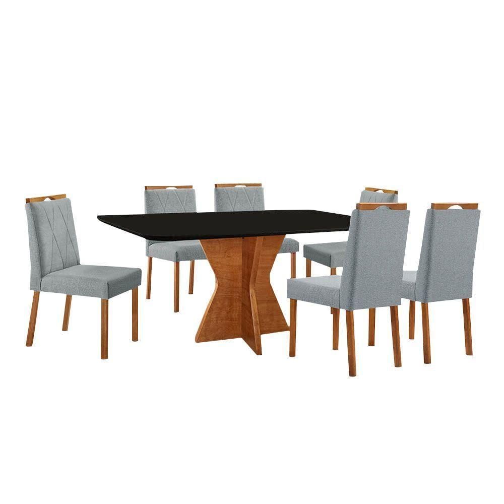 Conjunto Sala De Jantar Mesa Madri 160x90cm Tampo Retângular Vidro Preto Com 6 Cadeiras Linho Cinza