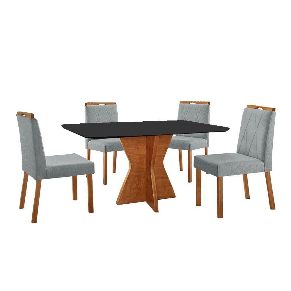 Conjunto Sala De Jantar Mesa Madri 140x80cm Tampo Retângular Vidro Preto Com 4 Cadeiras Bela Linho Cinza