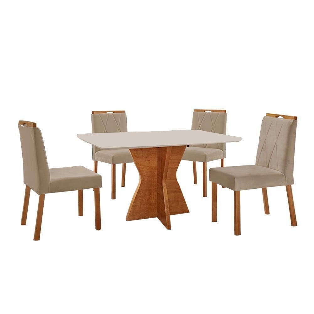 Conjunto Sala De Jantar Mesa Madri 120x80cm Tampo Retângular Vidro Off White Com 4 Cadeiras Bela Veludo Bege