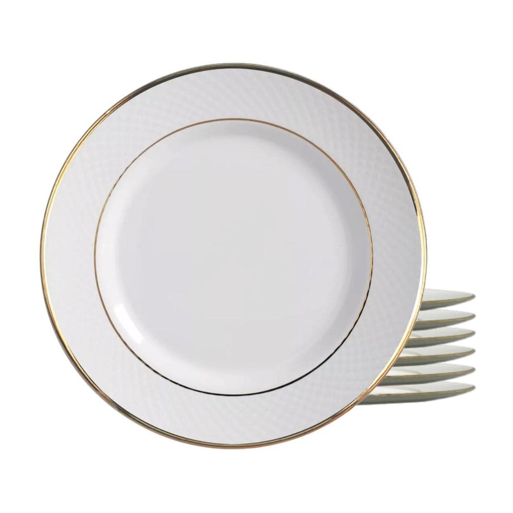 Jogo 6 Pratos Fundo Cerâmica 25Cm Borda Dourada Filete Ouro