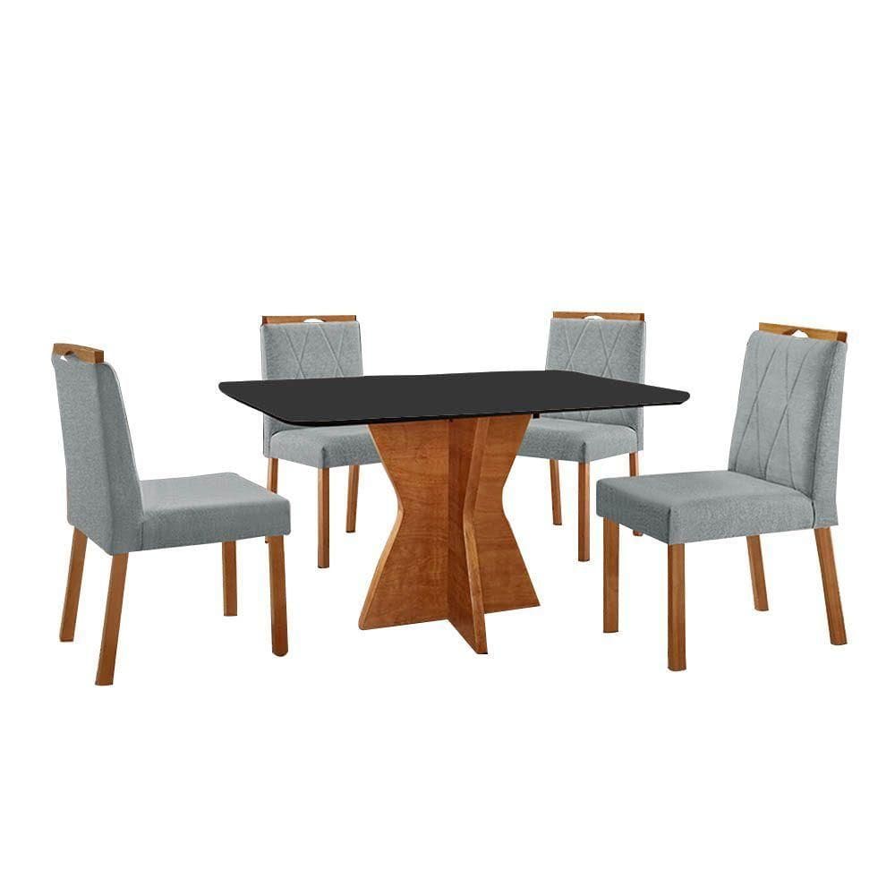 Conjunto Sala De Jantar Mesa Madri 120x80cm Tampo Retângular Vidro Preto Com 4 Cadeiras Bela Linho Cinza
