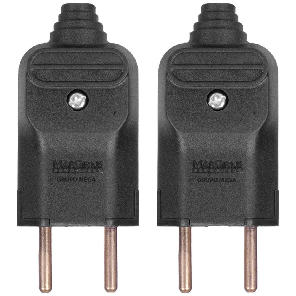 Kit 2 Tomada Plug Macho Prensa Cabo 2 Pinos Finos 10A Preto