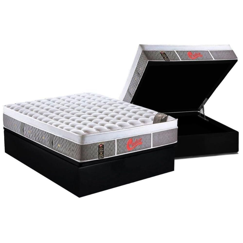 Cama Box Baú Casal: Colchão Molas Ensacadas Castor Plush+Base Black(138X188)