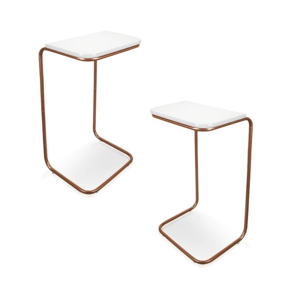 Conjunto 2 Mesas De Apoio Para Sofá Branco Base Em Metal Cobre