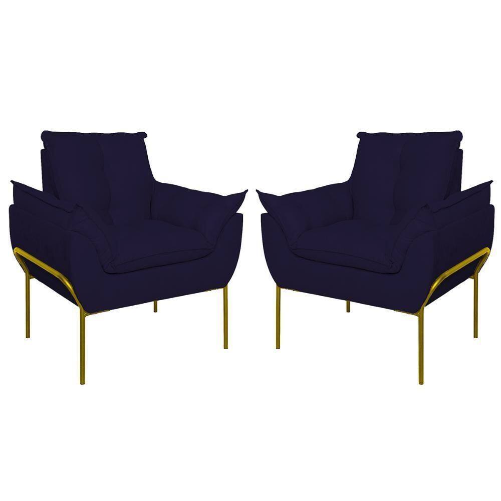 Kit 02 Poltronas Base Metal Dourado Sala, Quarto Escritório Azul Marinho