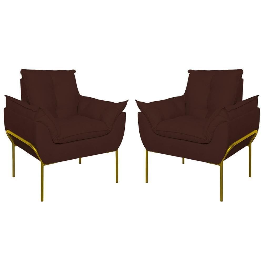 Kit 02 Poltronas Base Metal Dourado Sala, Quarto Escritório Marrom