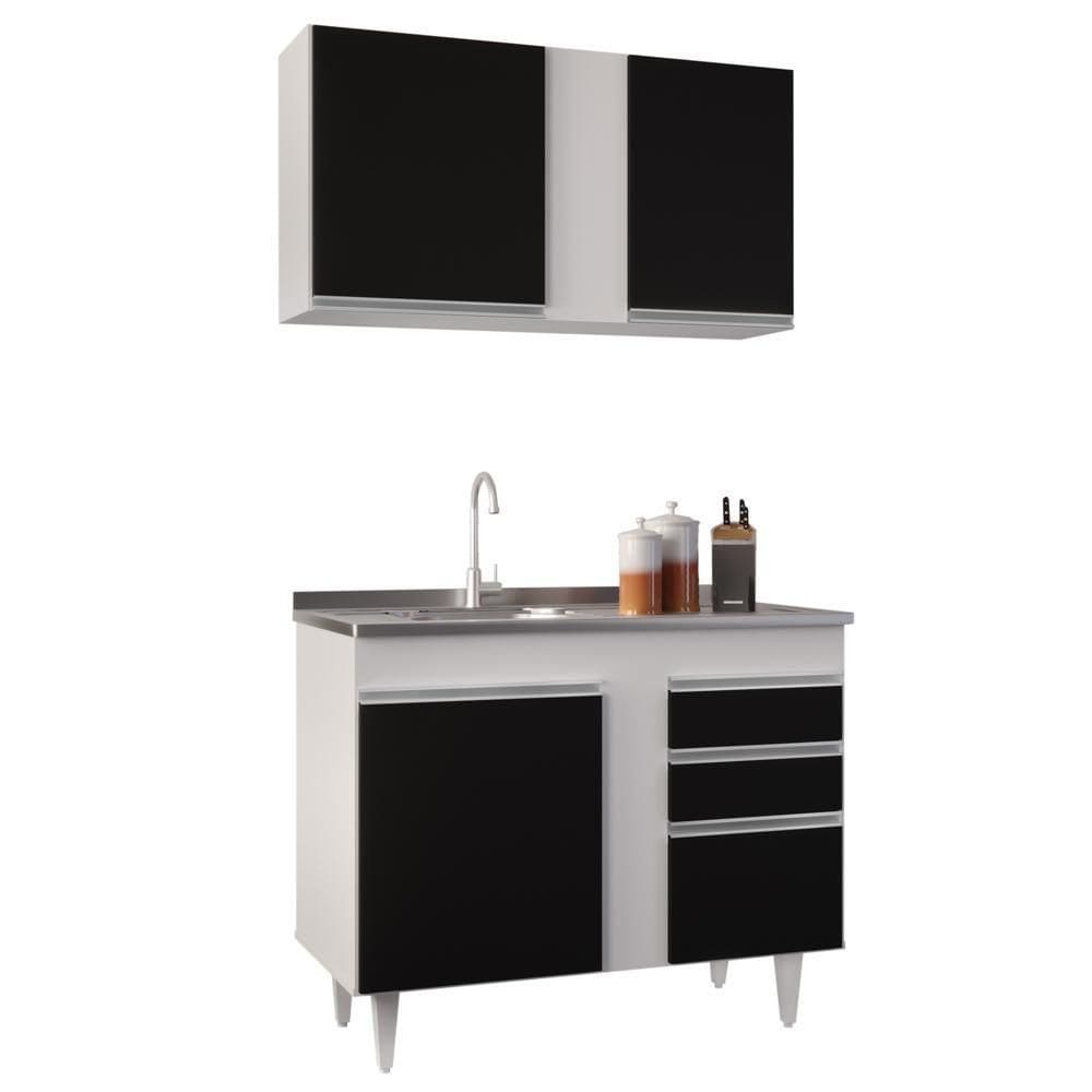 Armário Aéreo Indiana E Balcão Gabinete 100cm Com Pia Inox Luziania Branco-preto - Lumil
