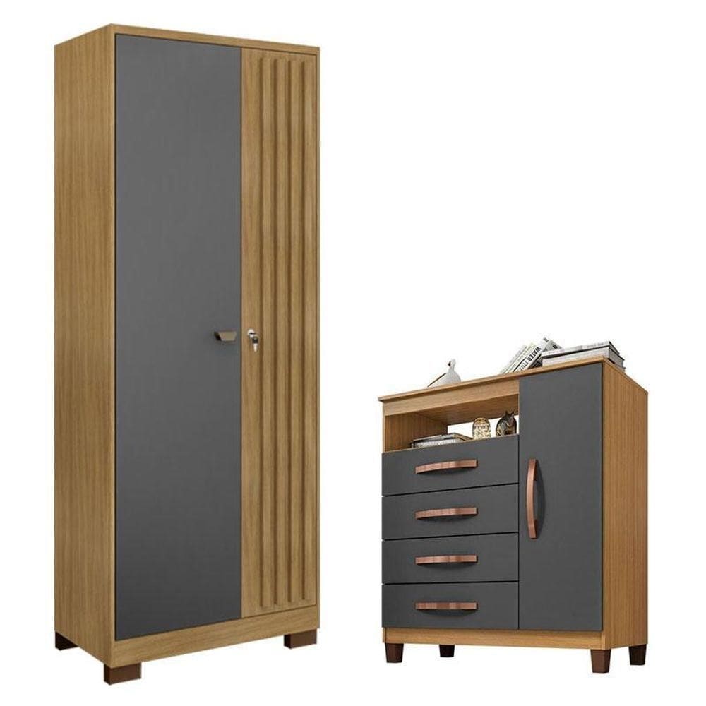 Cômoda Sapateira Cannes Com Armário Multiuso Versatile 2 Portas Com Chave Carvalho Americano Grafite - Incorplac