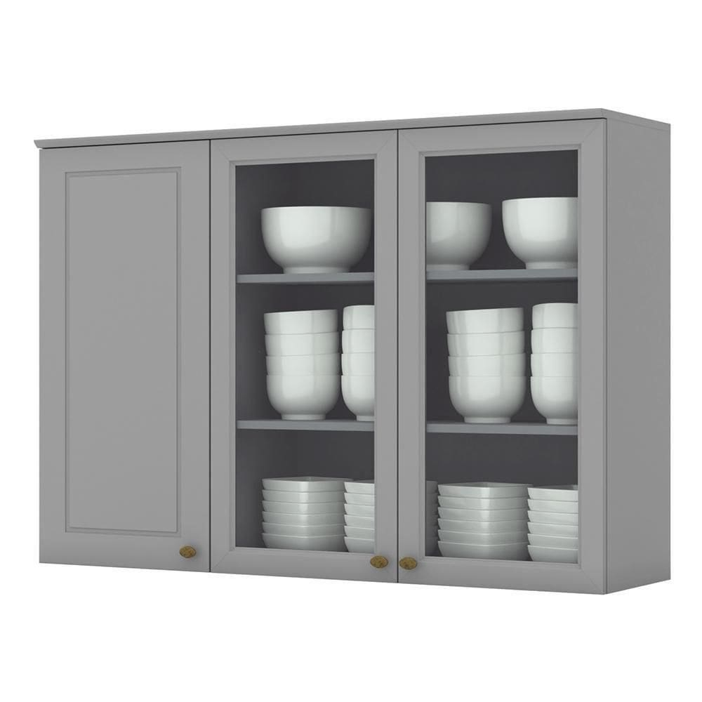 Armário Aéreo 3 Portas De Vidro 120cm Americana Cinza - Móveis Henn Cinza