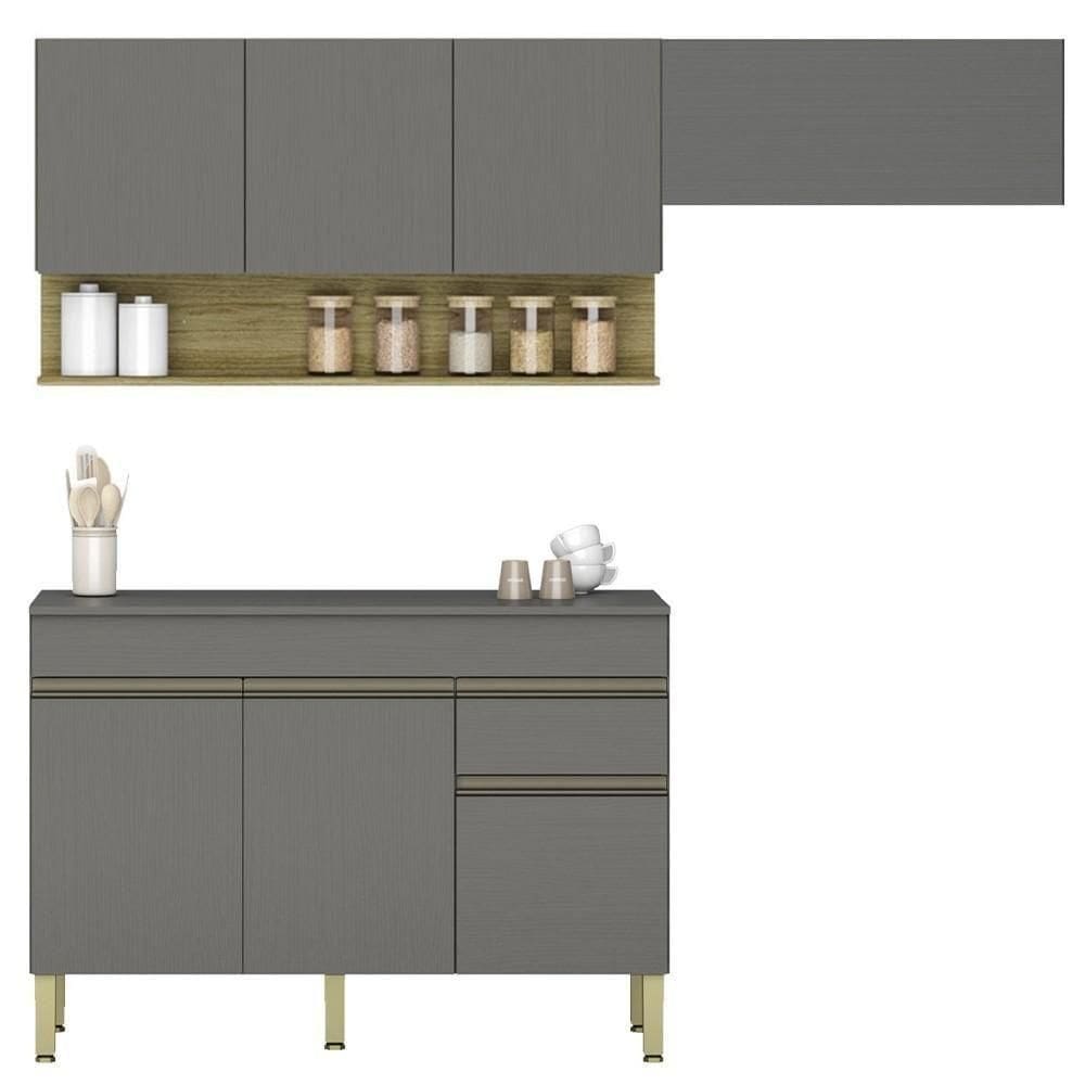 Armário De Cozinha 3 Peças Balcão Com Tampo 150cm Lina15 K02 Gris-freijó - Mpozenato
