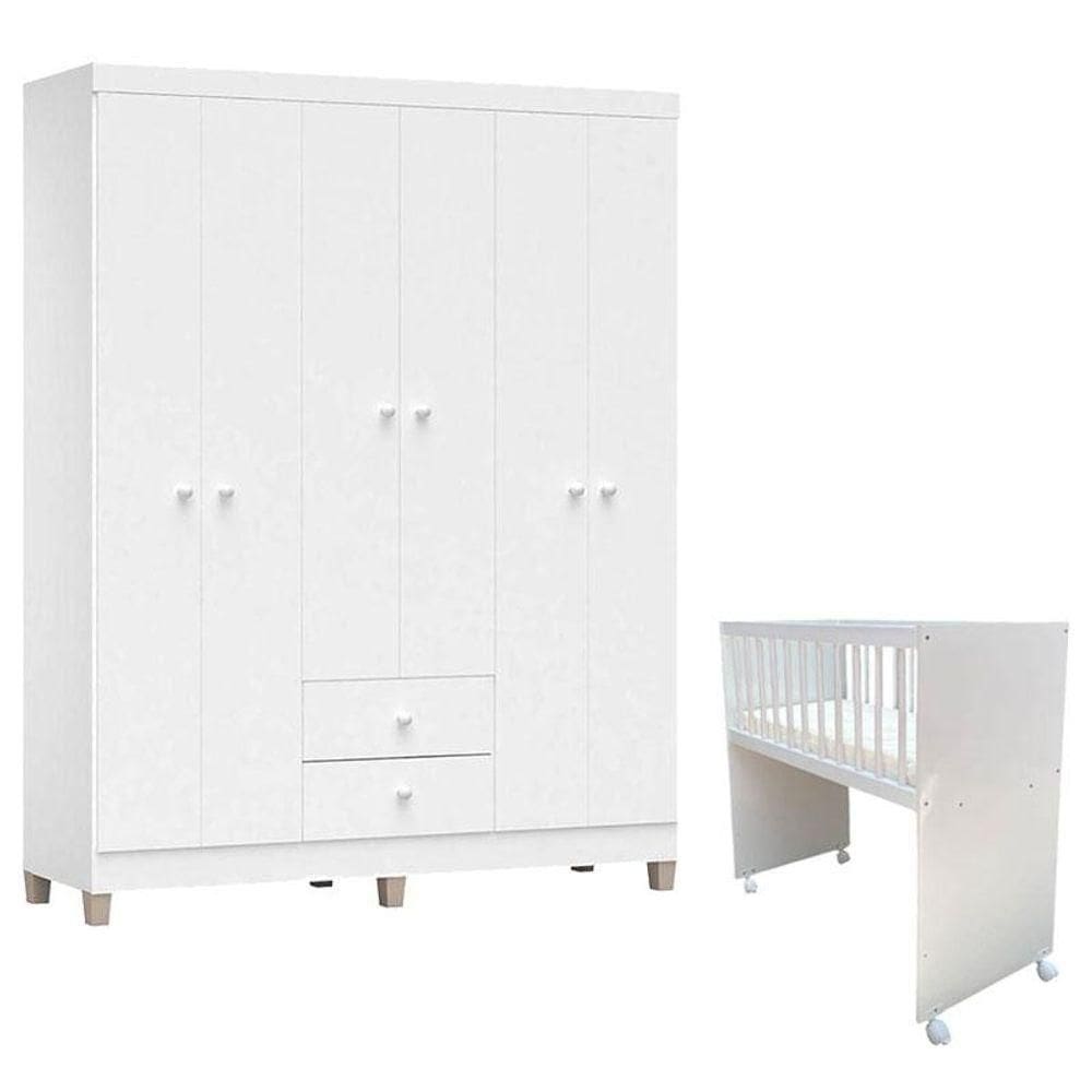 Mini Berço Moisés Alegria Com Colchão E Guarda Roupa Ternura Baby 6 Portas Branco Brilho - Incorplac