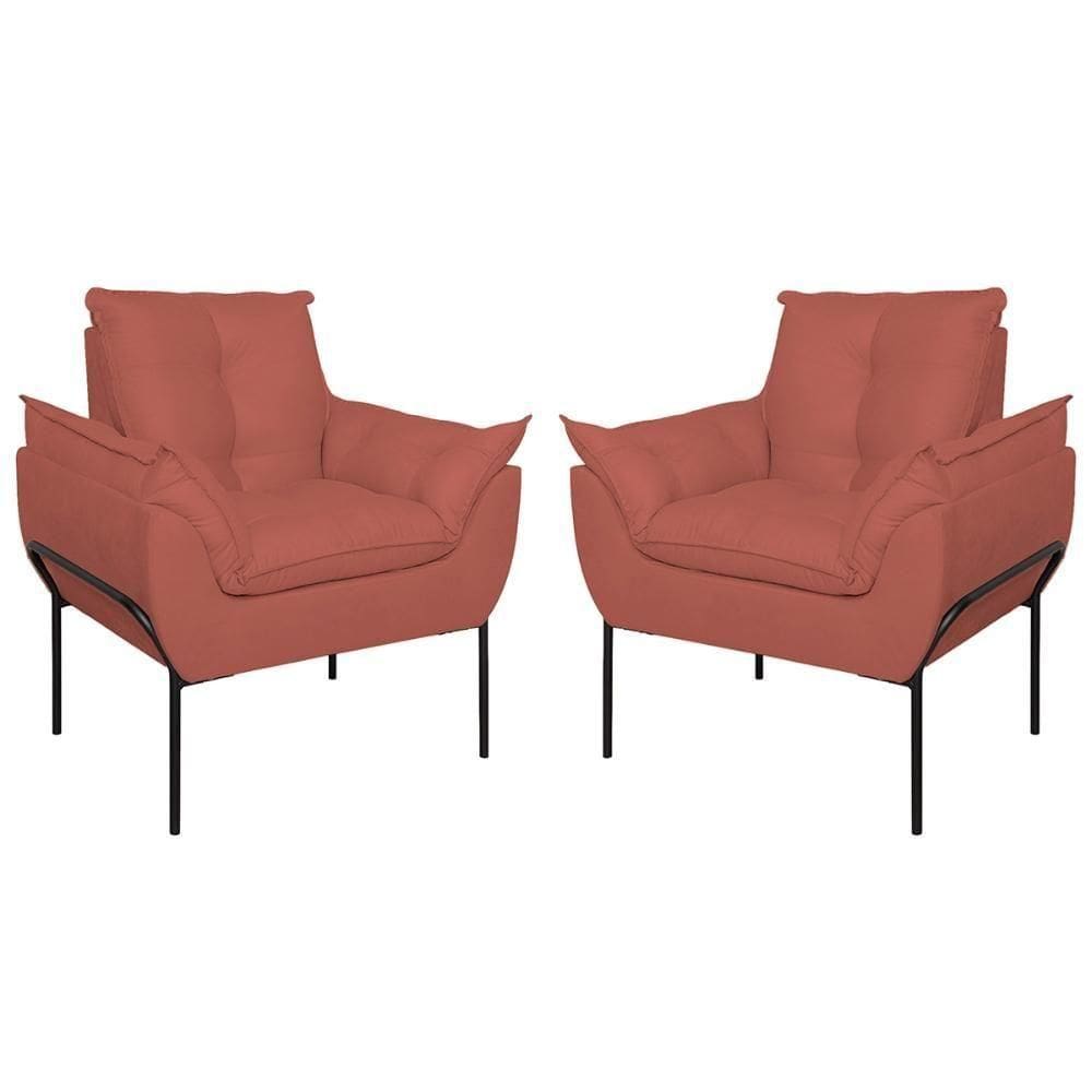 Kit 02 Poltronas Base Metal Preto Sala, Quarto Escritório Rosa
