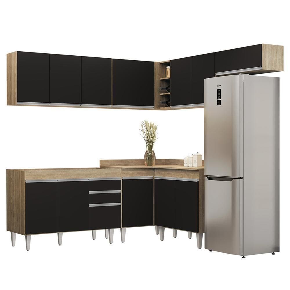 Armário De Cozinha Modulado De Canto 7 Peças Cp19 Balcão Sem Tampo Castanho/preto - Lumil