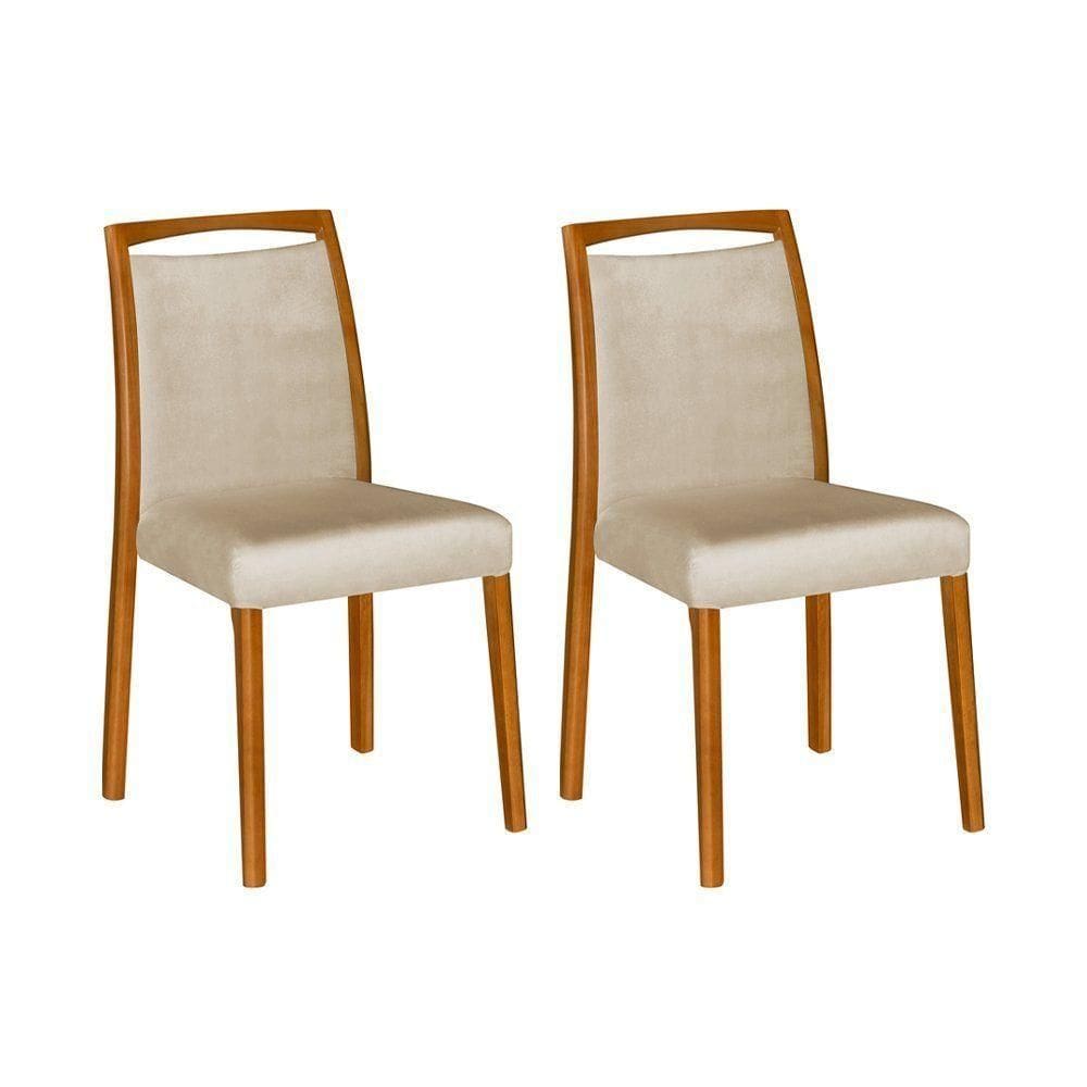 Kit 2 Cadeiras De Jantar Luxo Estofadas Jade Linho Bege Base Madeira Maciça Mel