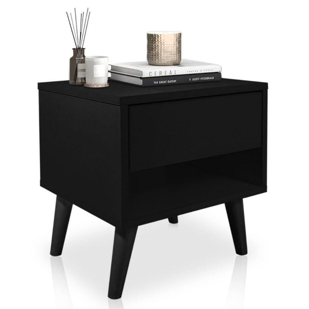 Mesa De Cabeceira 1 Gaveta 38 Cm Mdf Preto Pés Palito Mp