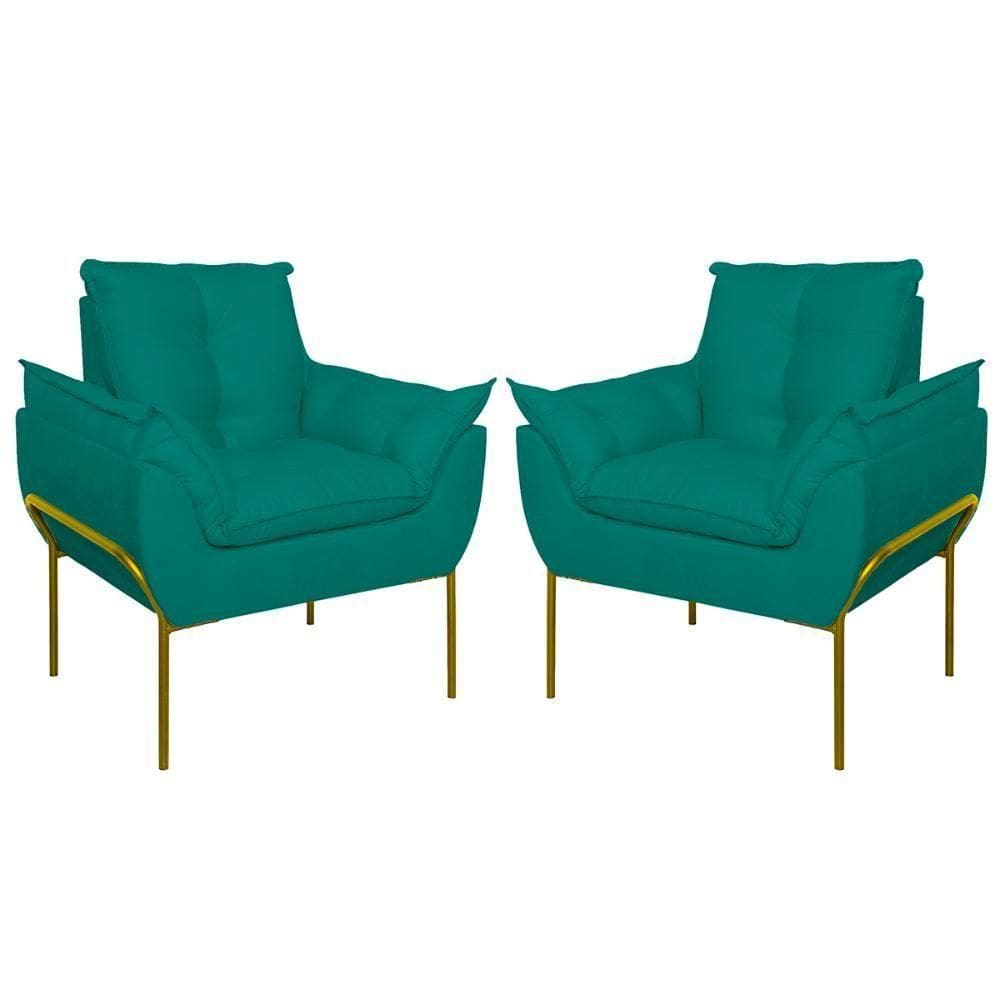 Kit 02 Poltronas Base Metal Dourada Sala Quarto Balaqui Decor Azul Turquesa