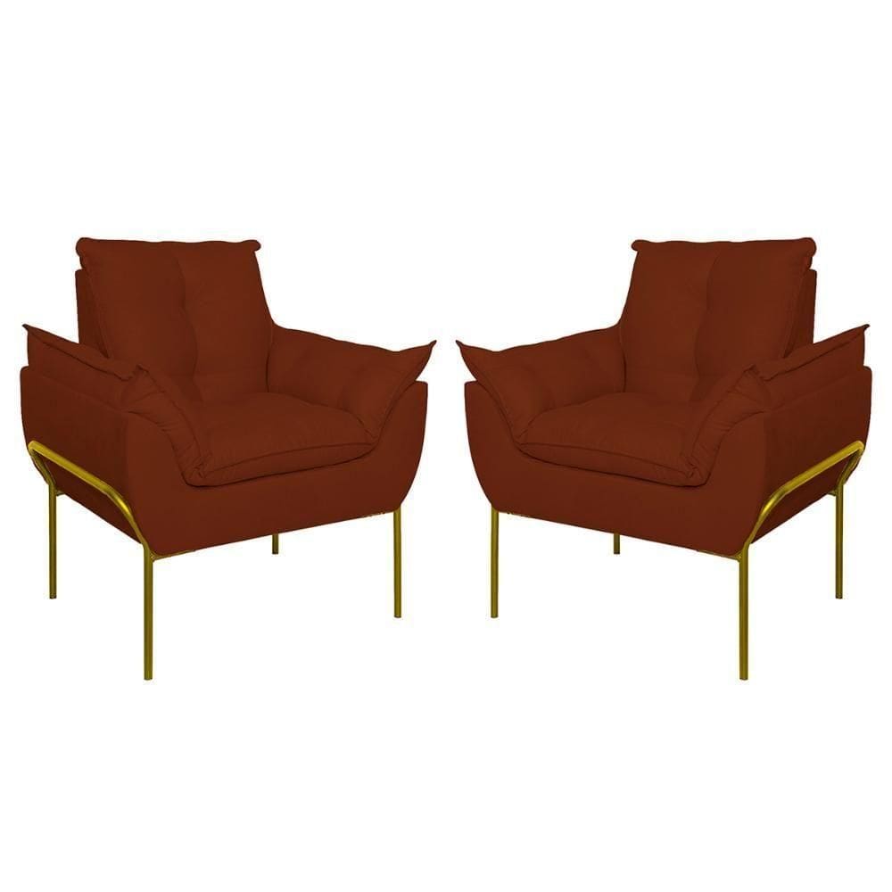 Kit 02 Poltronas Base Metal Dourado Sala, Quarto Escritório Terracota