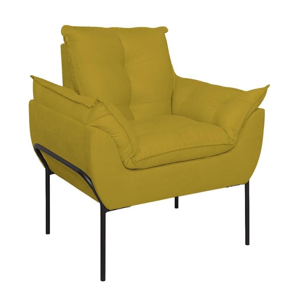 Poltrona Sofá Luxo Base Metal Preto Recepção Escritório Amarelo