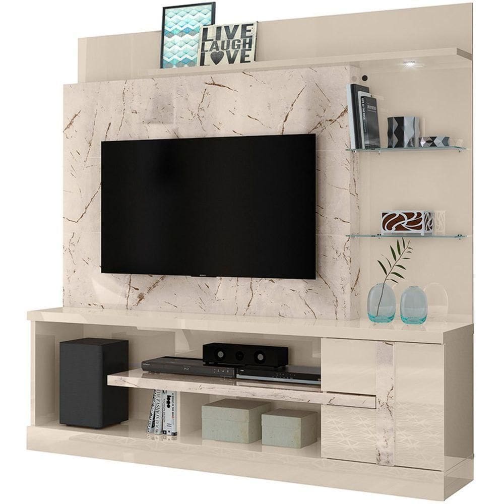 Home Theater Para de 55 Polegadas C- 2 Prateleiras de Vidro e Led Aline Calacata Off White