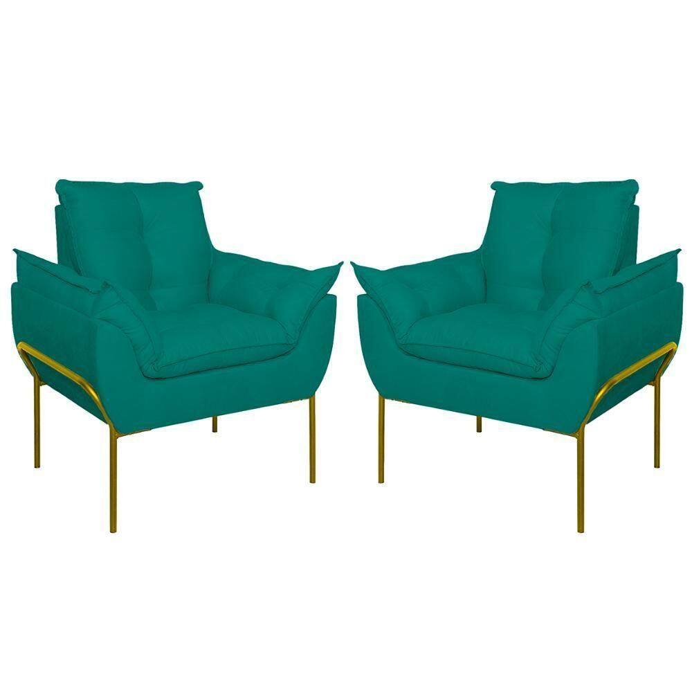 Kit 02 Poltronas Base Metal Dourado Sala, Quarto Escritório Azul Turquesa