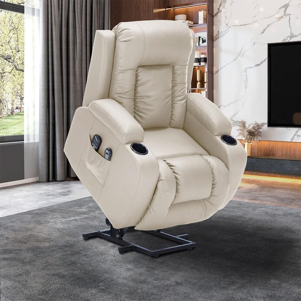 Poltrona Do Papai Lift Sala De Estar Reclinável Austin Elétrica Aquecimento Massagem Pu Bege G94 - Gran Belo