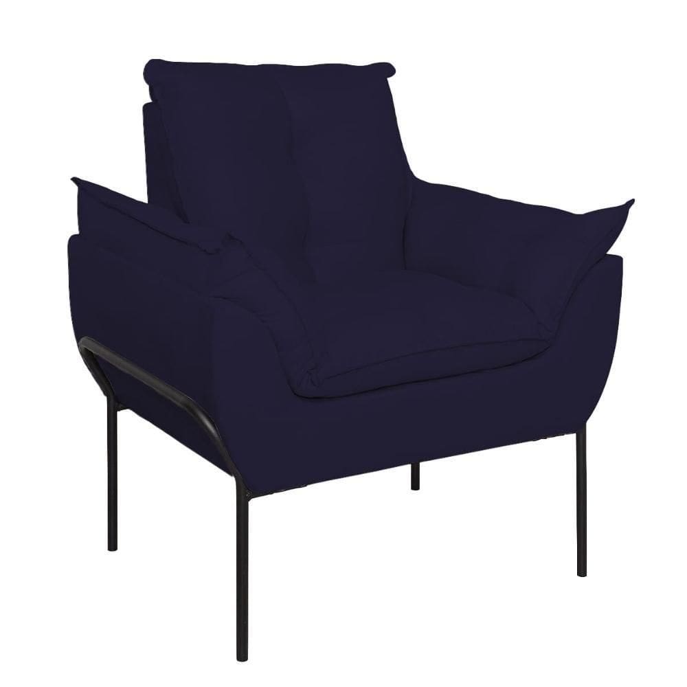 Poltrona Sofá Luxo Base Metal Preto Recepção Escritório Azul Marinho