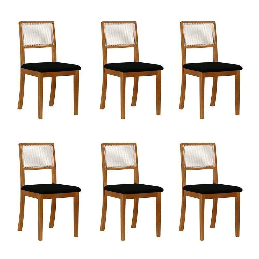 Kit 6 Cadeiras De Jantar Luxo Palha Estofadas Veludo Preto Encosto Tela Sextavada Rubi Madeira Maciç