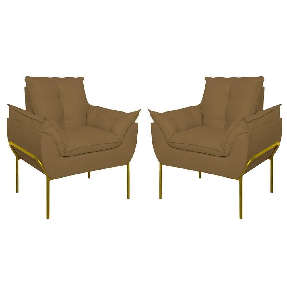 Kit 02 Poltronas Base Metal Dourada Sala Quarto Balaqui Decor Capuccino