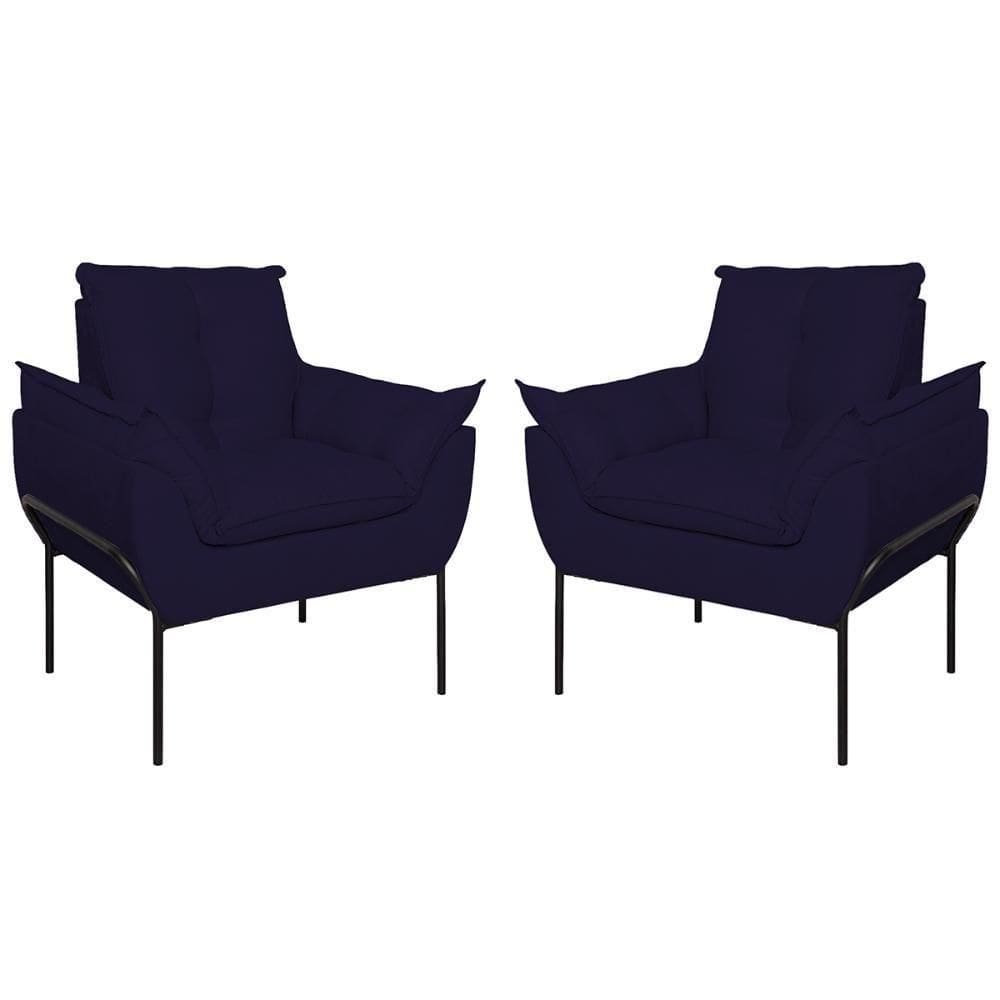Kit 2 Poltronas Luxo Base Reforçada Metal Preto Azul Marinho