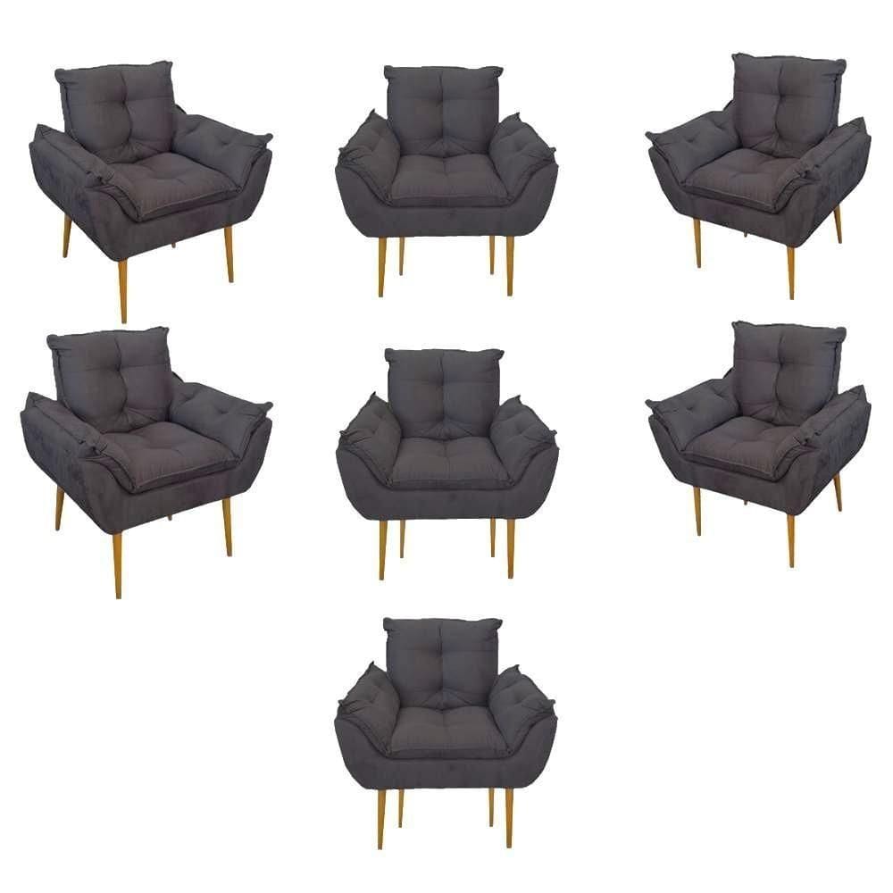 Kit 07 Poltronas Decorativas Opala Retro Consultório Suede Cinza