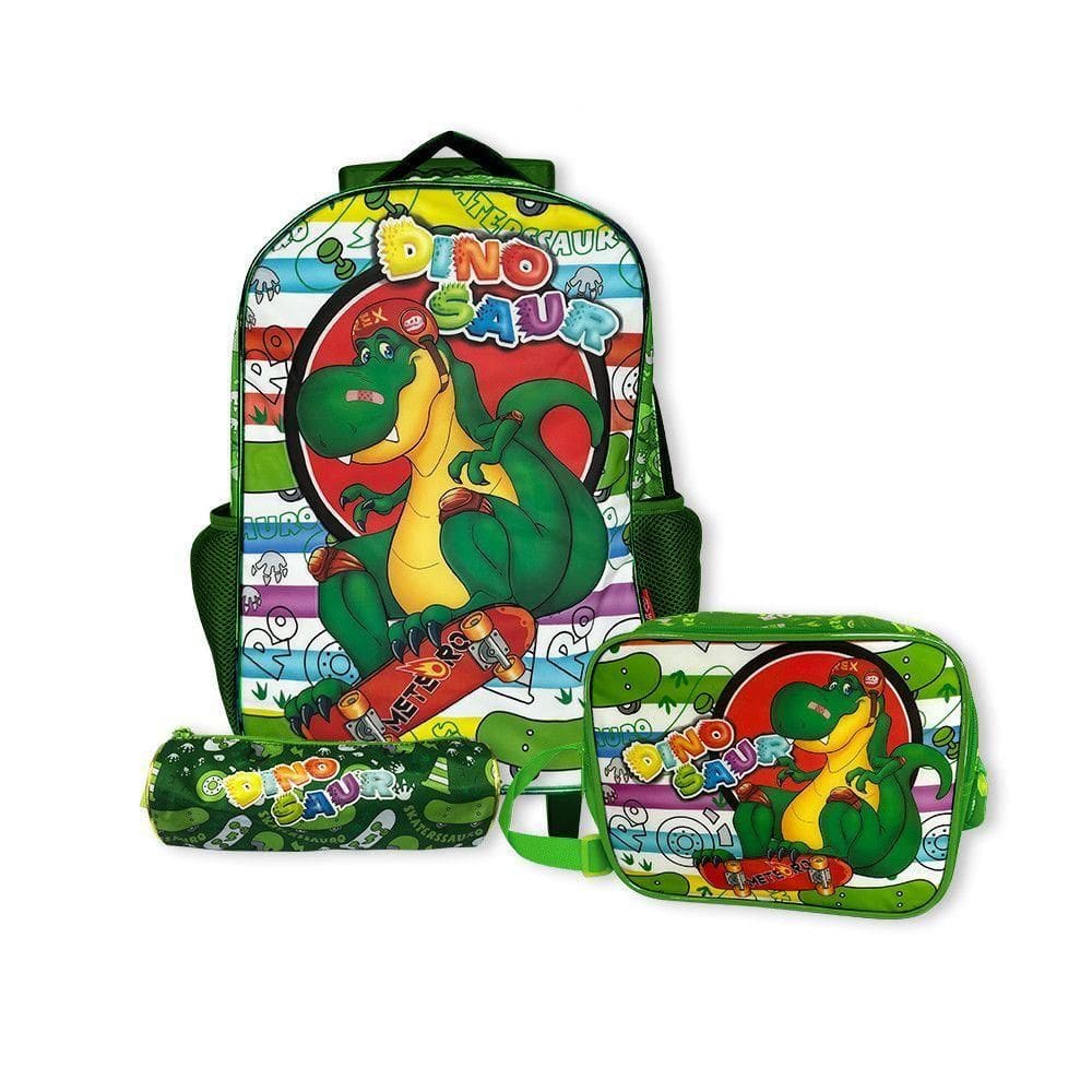 Kit Mochila Infantil Escolar Com 3 Peças Dinossauro Verde