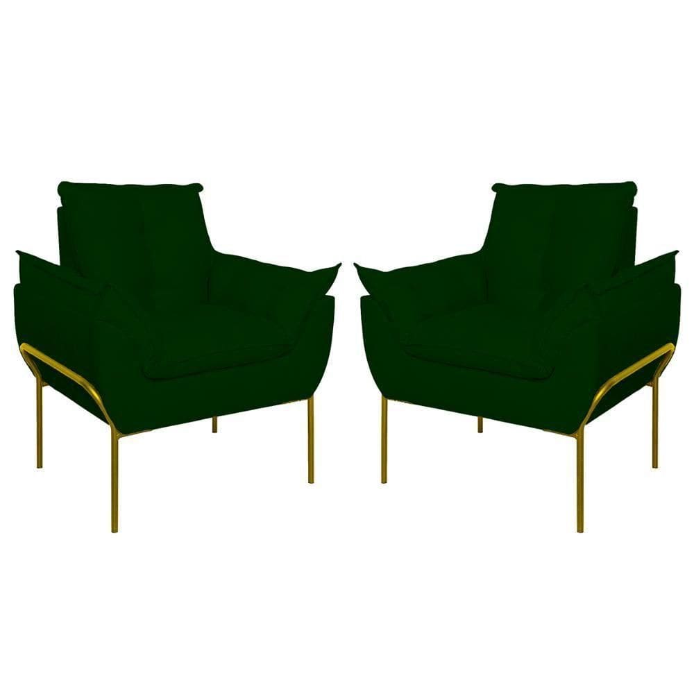 Kit 02 Poltronas Base Metal Dourada Sala Quarto Balaqui Decor Verde