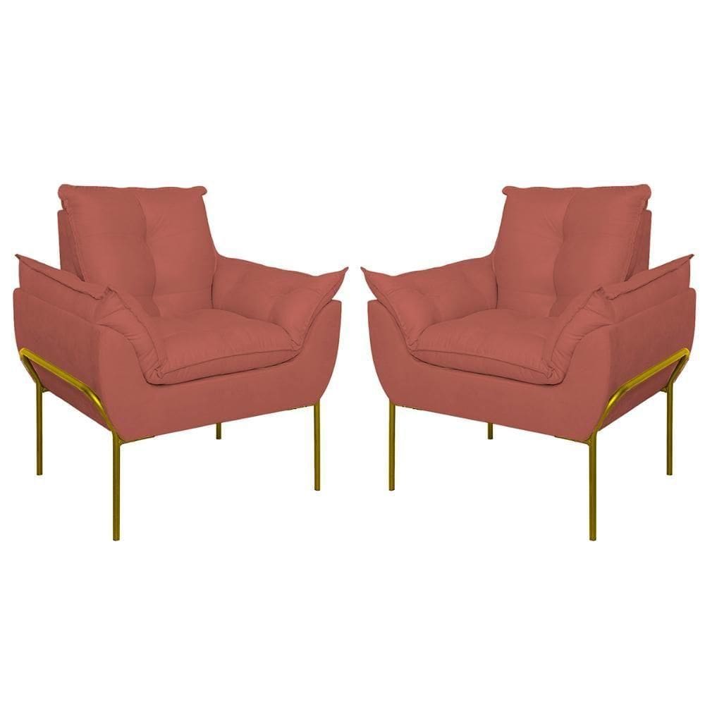Kit 2 Poltronas Luxo Base Reforçada Metal Dourado Rosa