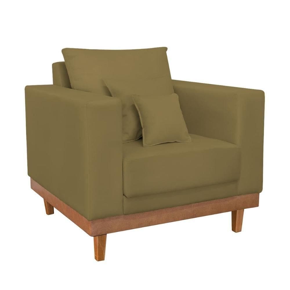Poltrona Living Resistente Suede Base Madeira Com Almofadas Capuccino