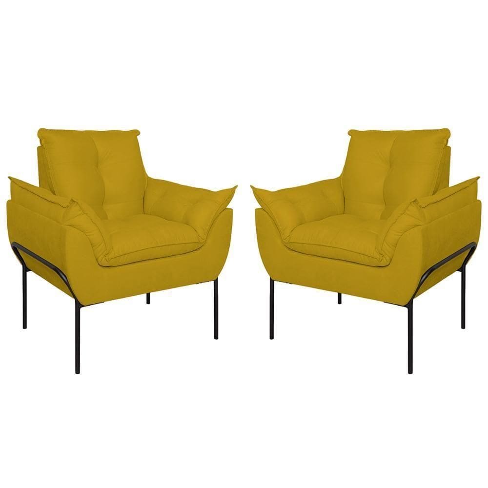 Kit 02 Poltronas Base Metal Preto Sala, Quarto Escritório Amarelo