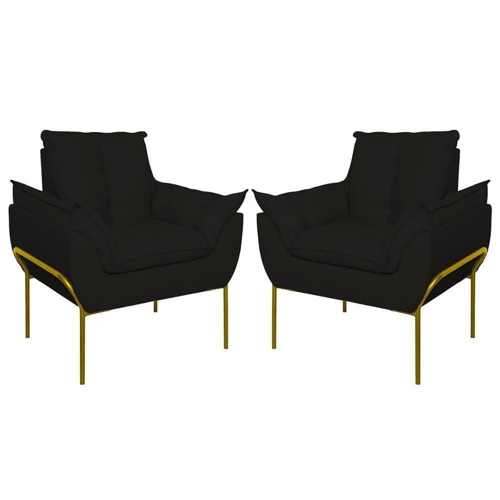 Kit 02 Poltronas Base Metal Dourado Sala, Quarto Escritório Preto