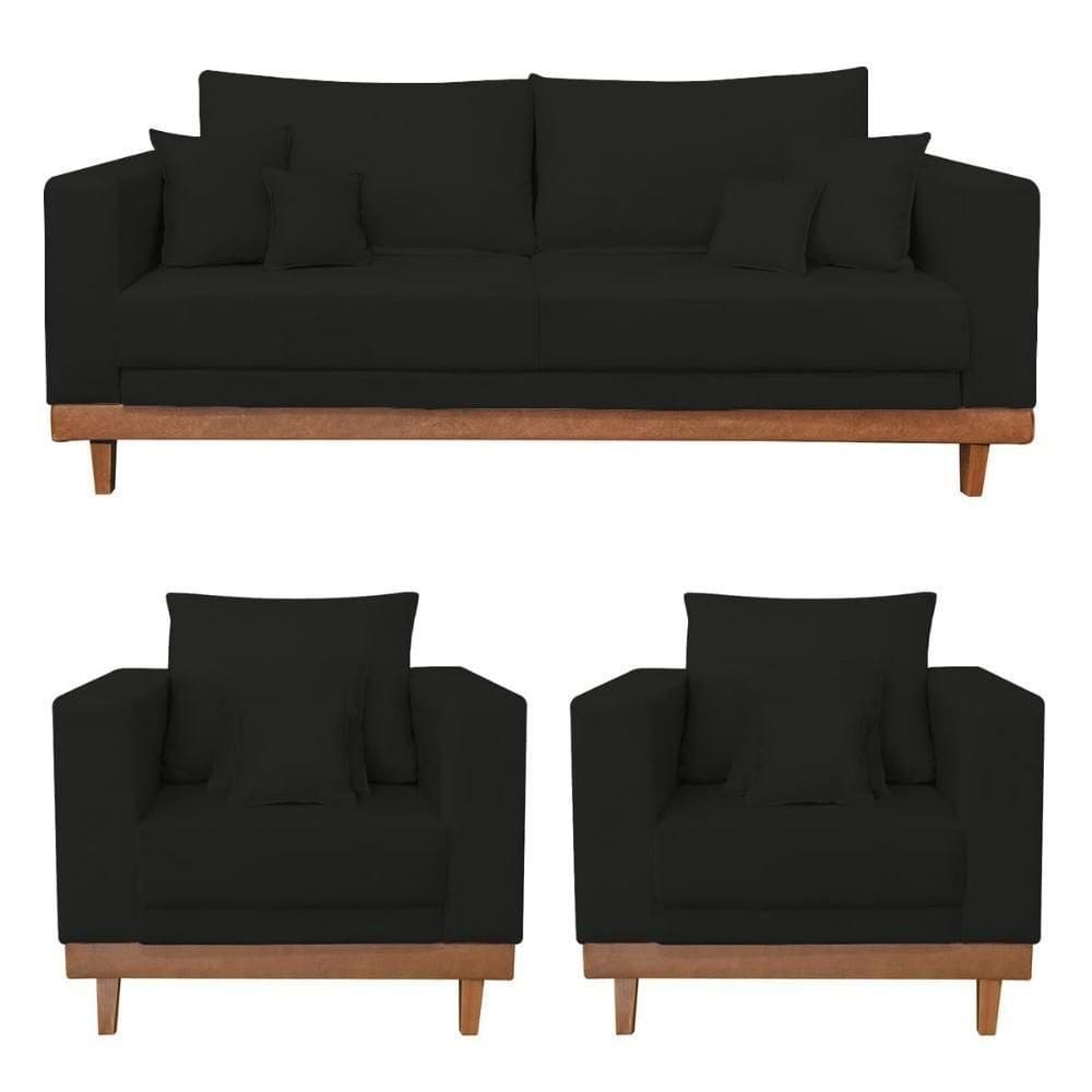 Kit 2 Poltronas Living + Sofá 2 Lugares Com Base Madeira