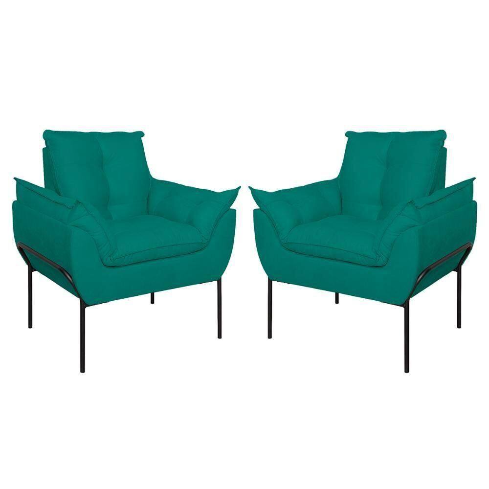 Kit 02 Poltronas Base Metal Preto Sala Quarto Balaqui Decor Azul Turquesa