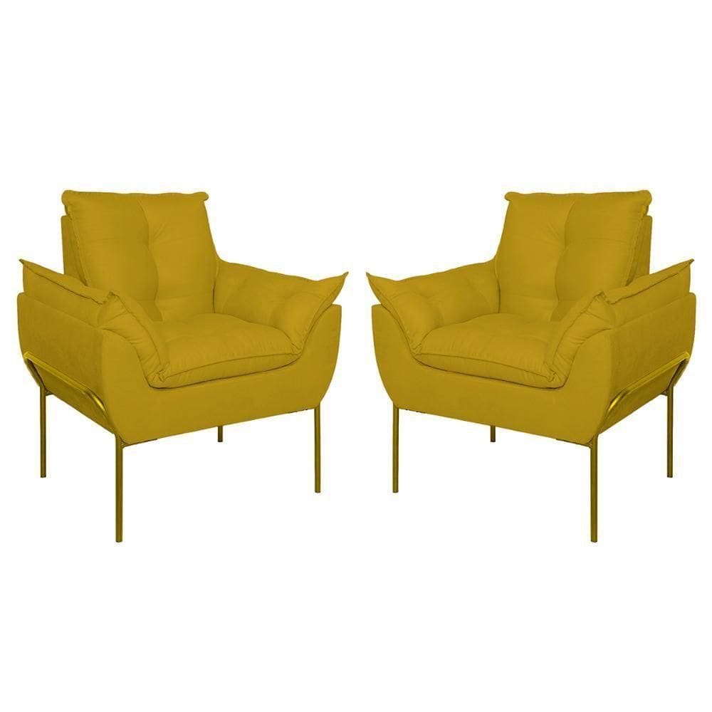 Kit 02 Poltronas Base Metal Dourado Sala, Quarto Escritório Amarelo