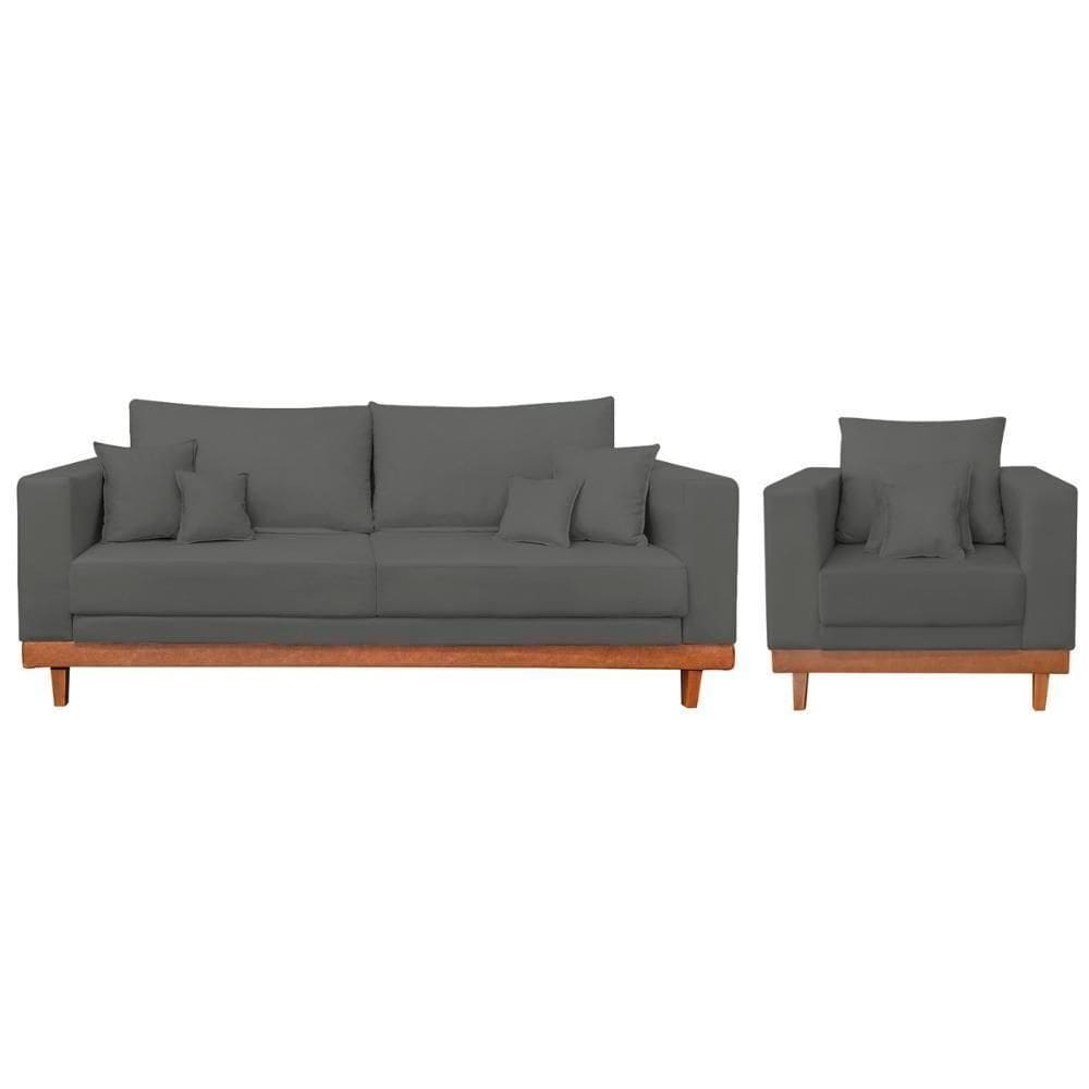 Kit Poltrona Living + Sofá 2 Lugares Base Madeira Suede