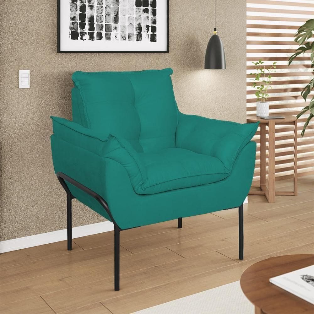 Poltrona Decorativa Luxo Recepção Clínica Estética Preto Azul Turquesa