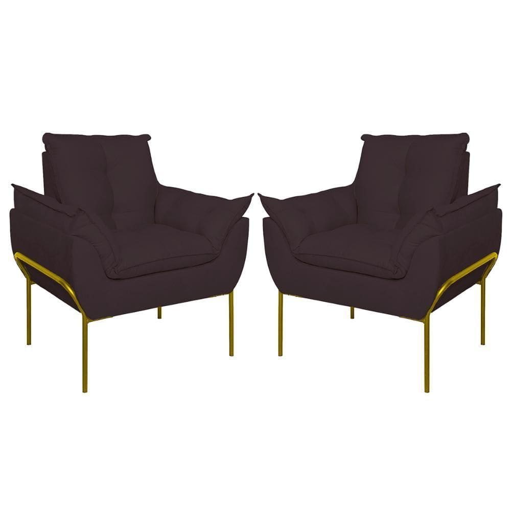 Kit 02 Poltronas Base Metal Dourado Sala, Quarto Escritório Cinza