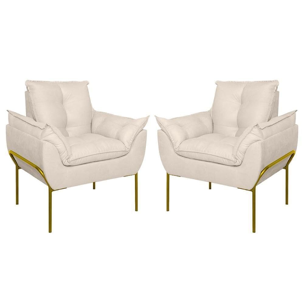 Kit 02 Poltronas Base Metal Dourado Sala, Quarto Escritório Bege