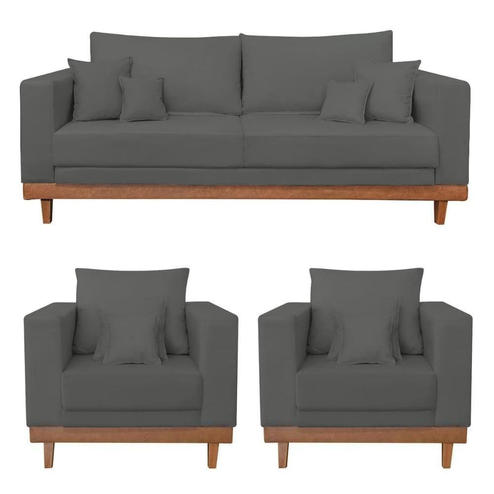 Kit 2 Poltronas Living + Sofá 2 Lugares Base Madeira