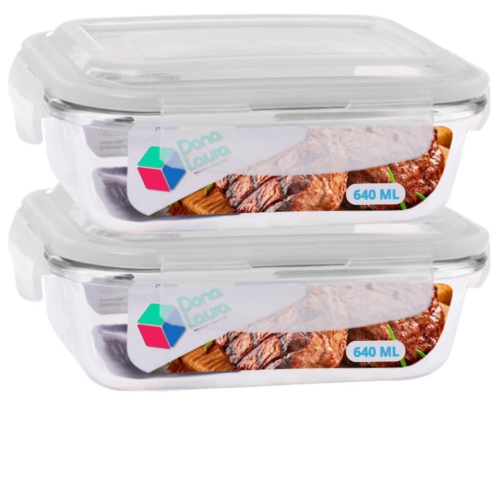 Kit 2 Potes Vidro Retangular Tampa Com Travas 640ml Transparente