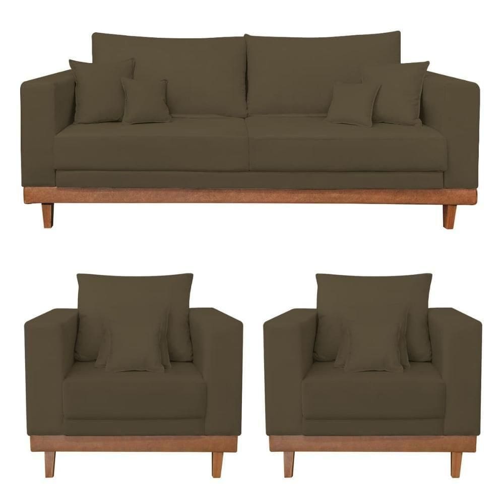 Kit 2 Poltrona + Sofá 3 Lugares Reforçado Base Madeira Suede Marrom