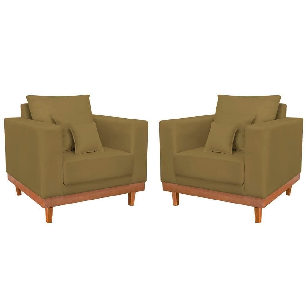 Kit 2 Poltronas Reforçada Suede Pés Base Madeira + Almofadas Capuccino