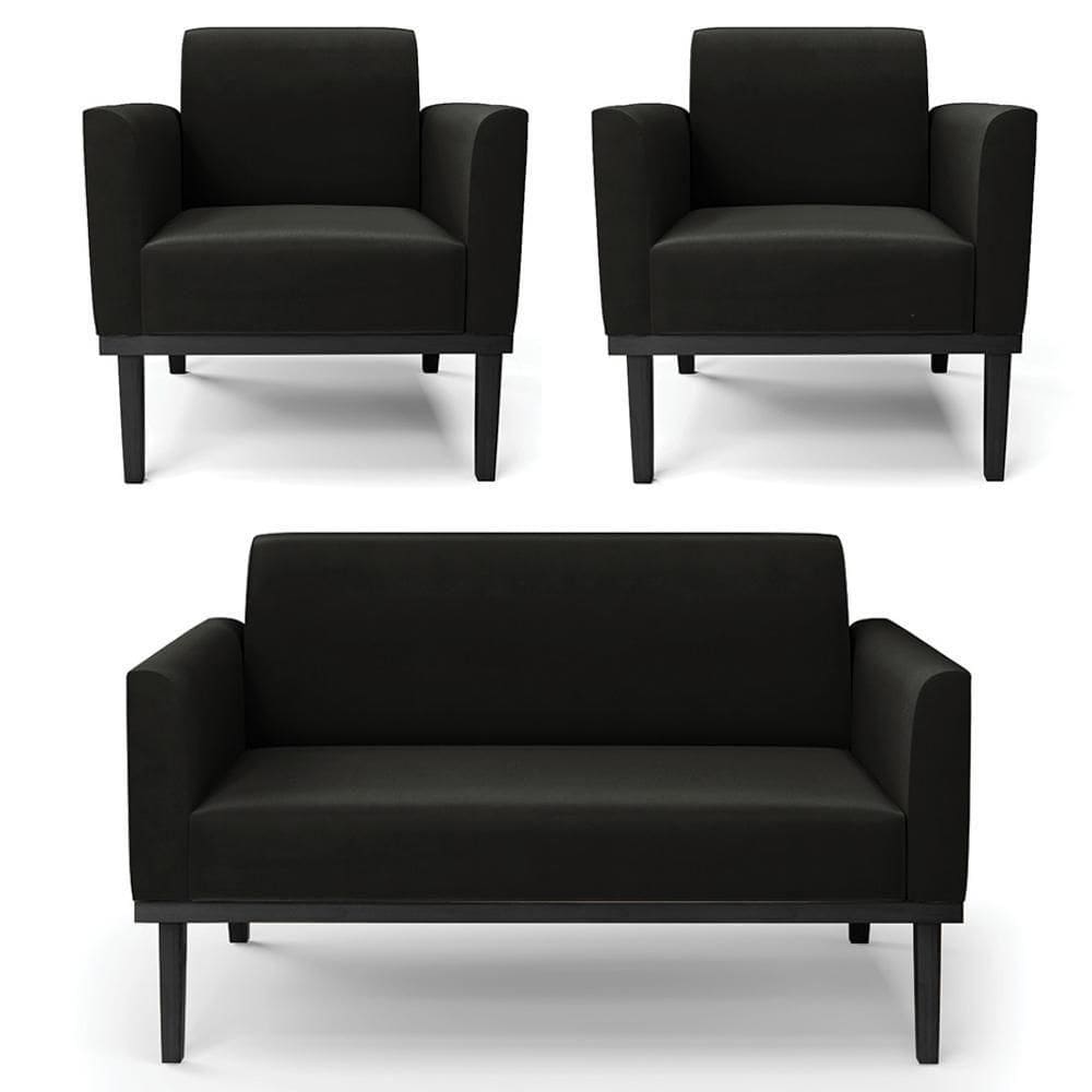 Sofá Namoradeira E 2 Poltronas Base Madeira Preto Maressa Suede Preto - Ibiza
